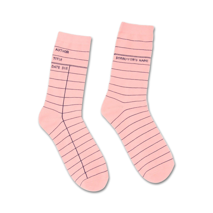 Pair of pink crew socks with a library card design.  The socks feature dark pink lines mimicking a book checkout card.