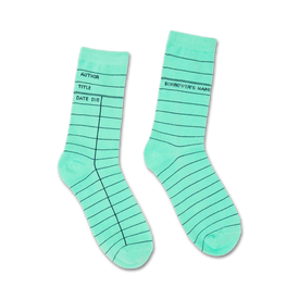 library card mint /novelty crew sock/green/for men/for women/unisex/art & literature/book club enthusiasts/bookworms  