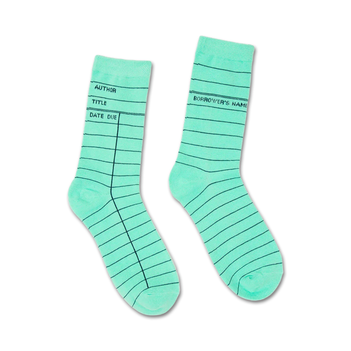 library card mint /novelty crew sock/green/for men/for women/unisex/art & literature/book club enthusiasts/bookworms   }}