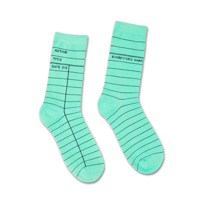 Pair of mint green crew socks with a library card design.  The dark teal lines mimic the lines on a library card.  'Author, Title, Date Due' is printed on one sock. }}
