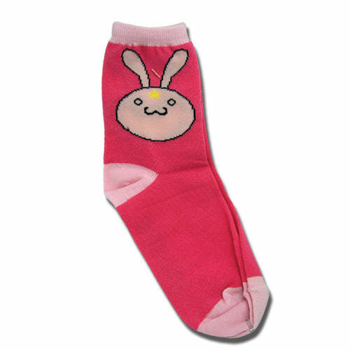 Pink crew socks with a cute pink and white bunny face design. The sock features a pink heel and toe. }}