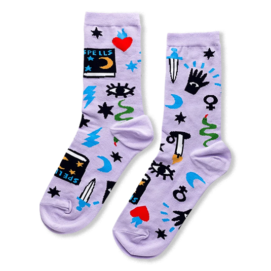 Light purple crew socks featuring a pattern of black spellbooks, red flaming hearts, daggers, snakes and mystical symbols.