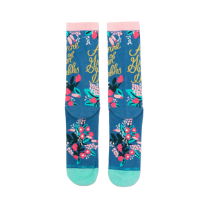 Back view of 'Anne of Green Gables' socks, showcasing the full design and teal heel and toe.