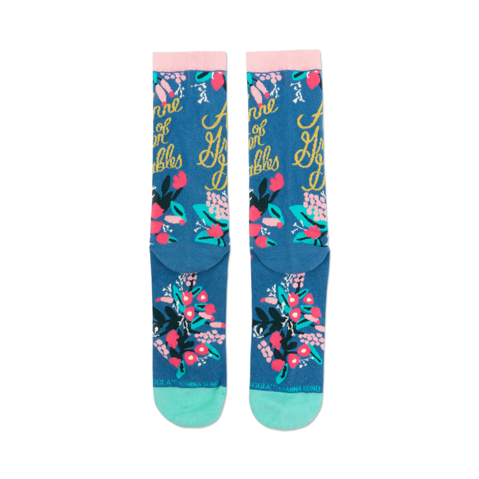 Back view of 'Anne of Green Gables' socks, showcasing the full design and teal heel and toe.