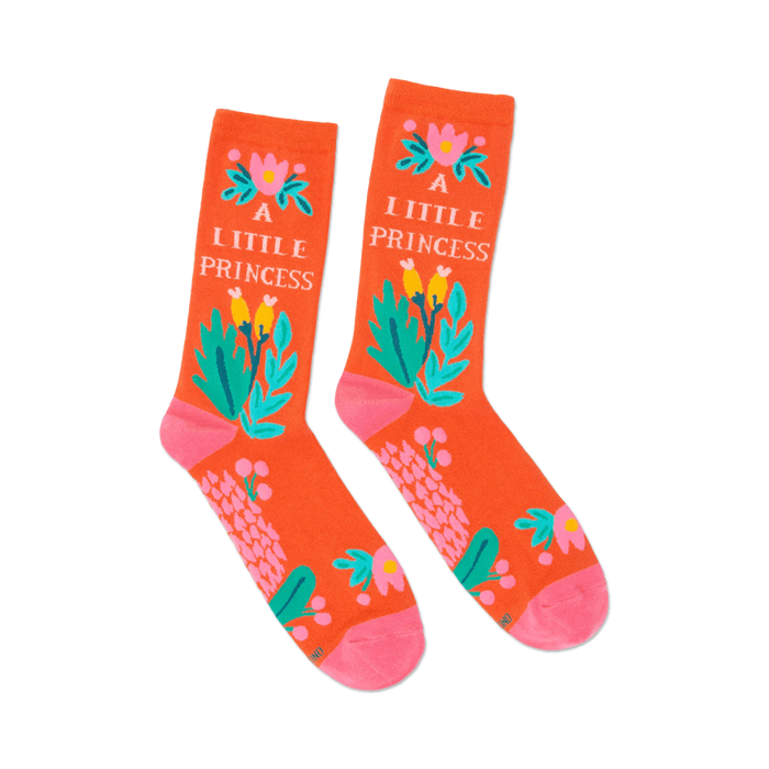 Close-up view of the 'A Little Princess' socks, highlighting the playful floral designs and text.