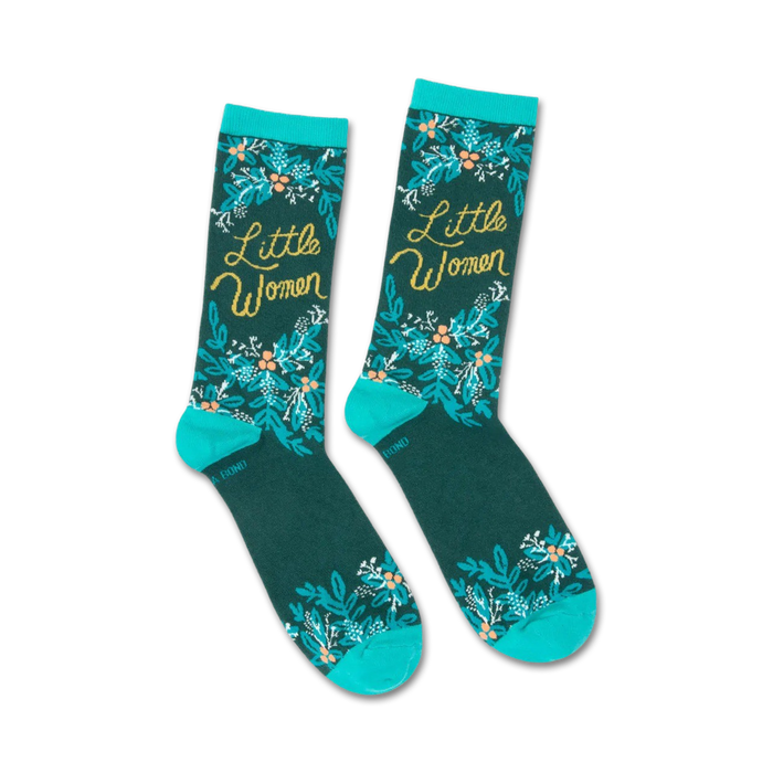 Crew socks in teal and dark green, featuring a floral pattern and 'Little Women' in gold lettering. }}