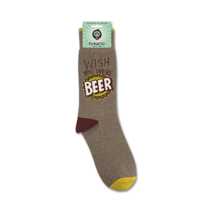 Product shot showing 'Wish You Were Beer' socks folded on its packaging.