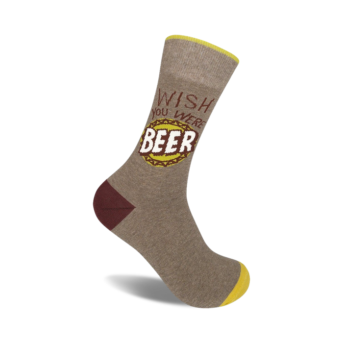 Crew socks in taupe, burgundy, and yellow, featuring a playful 'Wish You Were Beer' graphic with a bottle cap design.