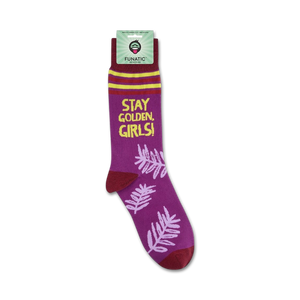 Close-up of 'Stay Golden, Girls!' socks on their packaging.