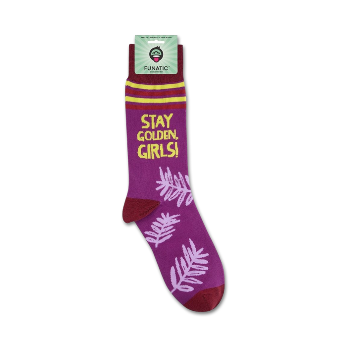 Close-up of 'Stay Golden, Girls!' socks on their packaging.