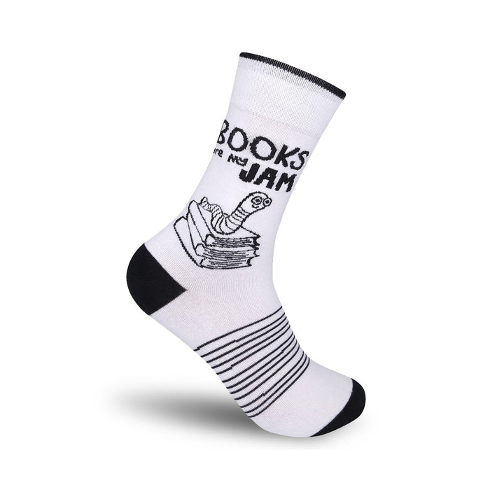 White crew socks with black stripes and a design of a worm on a stack of books. The text 'Books Are My Jam' is printed on the sock. }}