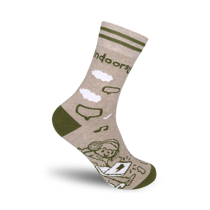 Beige crew socks with olive green stripes and accents. Design includes clouds, speech bubbles, and an illustration of someone using a laptop. }}