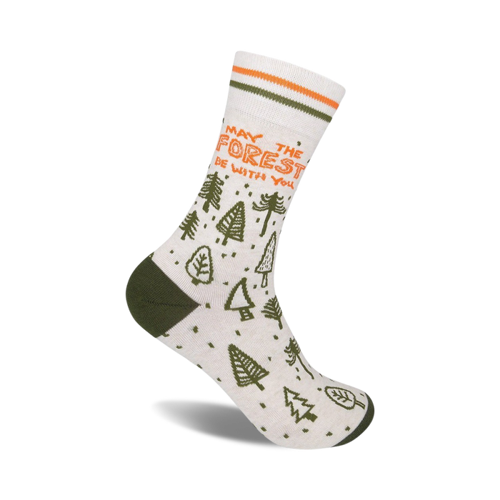 Cream crew socks with green forest design and orange 'May the Forest Be With You' text. Features olive green heel and toe. }}