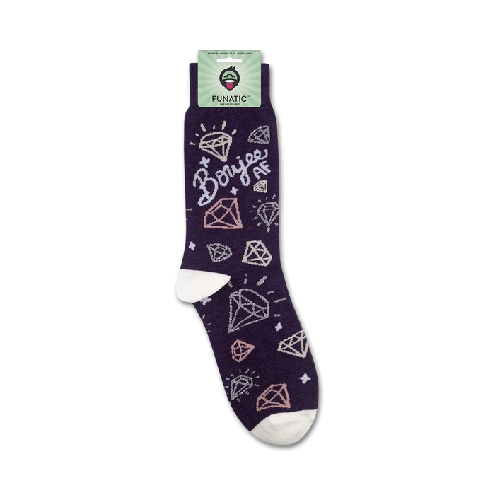 Product shot of 'Boujee AF' socks on their packaging. Shows full sock design.