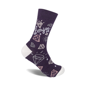 Purple crew socks with a white cuff, adorned with pink and white sparkly diamond illustrations and the text 'Boujee AF'.