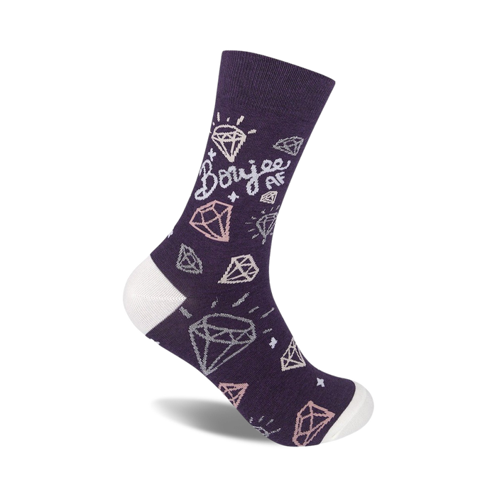 Purple crew socks with a white cuff, adorned with pink and white sparkly diamond illustrations and the text 'Boujee AF'.
