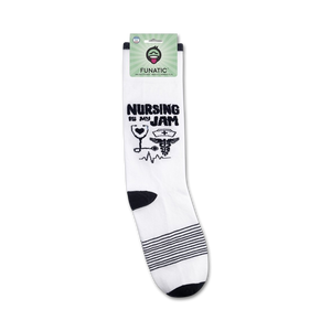 A pair of white socks with the words 