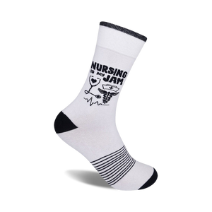black text, caduceus, and heart crew socks in white. perfect gift for nurses on any occasion.   