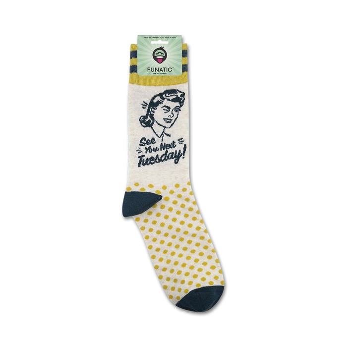 Product shot of 'See You Next Tuesday' socks on their retail packaging.