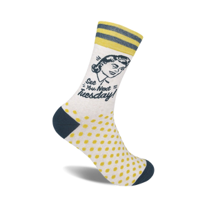 Cream crew socks with yellow polka dots, teal stripes, and a retro woman graphic with the text 'See You Next Tuesday!'