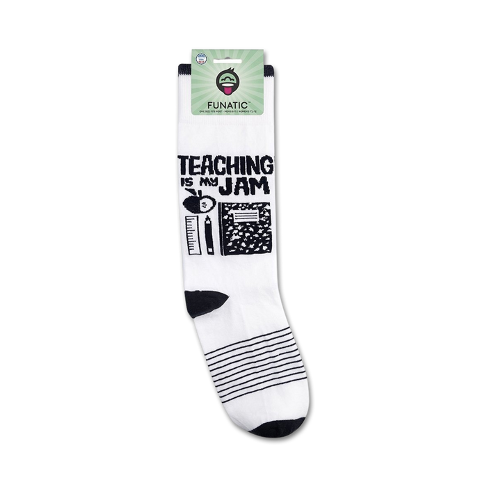 A product shot of 'Teaching Is My Jam' socks on a retail packaging card.