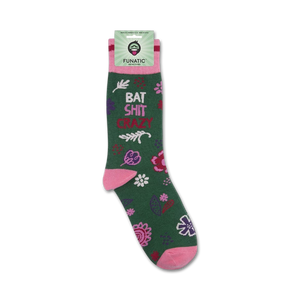 Product shot of 'Bat Shit Crazy' socks on packaging, showing the full sock design and branding.