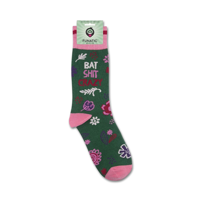 Product shot of 'Bat Shit Crazy' socks on packaging, showing the full sock design and branding.