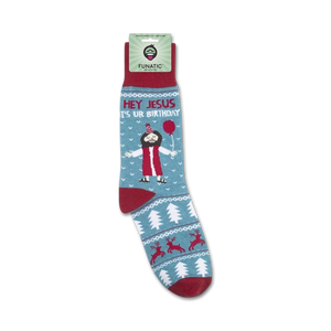 Close-up view of the 'Hey Jesus It's Ur Birthday' socks, showing the detail of the design and the packaging.