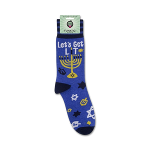 Package view of 'Let's Get Lit' Hanukkah socks, showing the full sock design and Funatic branding.