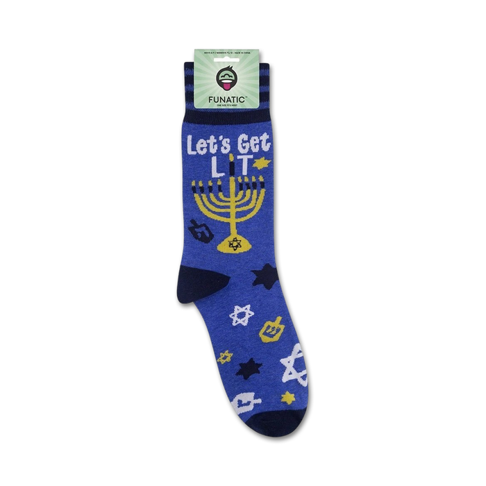 Package view of 'Let's Get Lit' Hanukkah socks, showing the full sock design and Funatic branding.