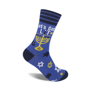 Blue crew socks with a Hanukkah theme.  Features a menorah, dreidels, stars of David, and the phrase 'Let's Get Lit'.