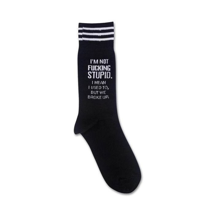 Close-up of the 'I'm Not Fucking Stupid' socks, showcasing the text detail and subtle stripes.