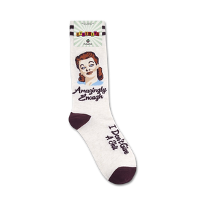 Product shot of 'Amazingly Enough' socks displayed on a white background. Shows sock's packaging.