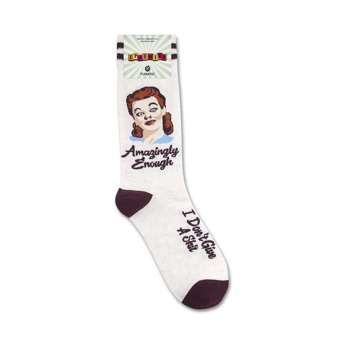 Product shot of 'Amazingly Enough' socks displayed on a white background. Shows sock's packaging.