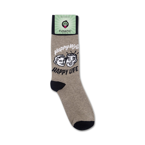 Product shot of 'Happy Wife, Happy Life' socks on a white background, showing the sock packaging.