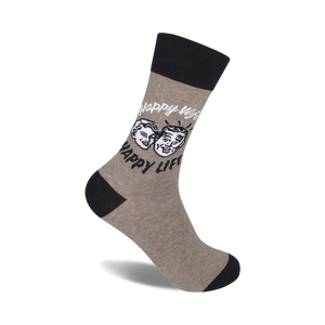 Grey crew socks with a black cuff, featuring a retro-style illustration of a happy couple and the text 'Happy Wife, Happy Life'.