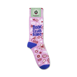 Lifestyle shot of Book Club Babe socks, showcasing their design and fit on a model's foot.