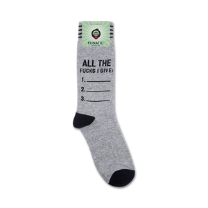 A lifestyle shot showing the socks on a foot. The grey and black color scheme is clearly visible. The text on the socks is legible.