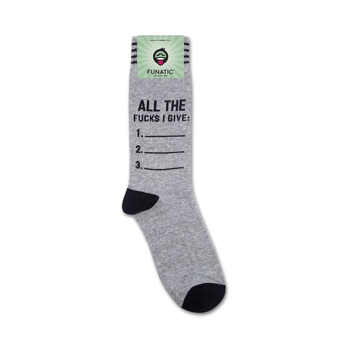 A lifestyle shot showing the socks on a foot. The grey and black color scheme is clearly visible. The text on the socks is legible.
