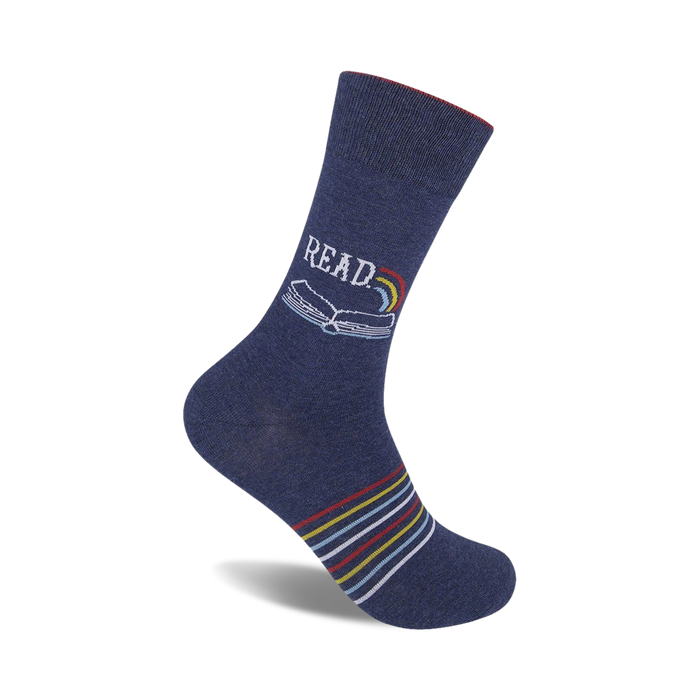 Navy blue crew socks with a colorful book and rainbow design and thin colorful stripes near the ankle.