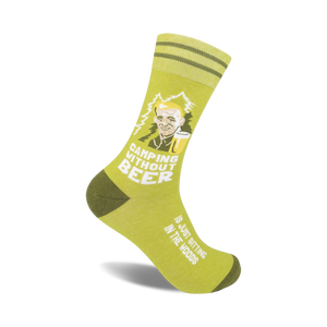 Olive green crew socks with a cartoon of a man drinking beer and the text 'Camping Without Beer'.  Features olive green stripes near the cuff.