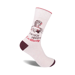 Cream-colored crew socks with a maroon cuff, showcasing a vintage pin-up girl graphic and the text 'I'm Not Needy I'm Wanty'.