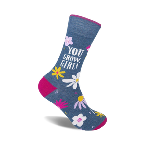 Crew socks in denim blue with pink accents. Features daisies and the text 'You Grow, Girl!'