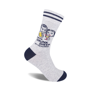 mens gray crew socks with cartoonish sheep in party hat holding martini glass and 