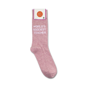 Lifestyle shot of 'World's Goodest Teacher' socks on a shelf in a store.