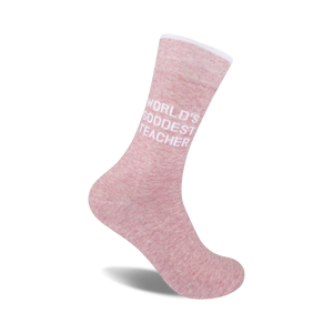 A pair of blush-pink crew socks with the text 'World's Goodest Teacher' in white.  Soft, comfy cotton.