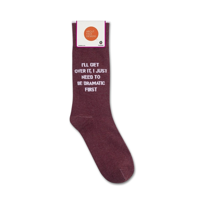 Product shot of 'I'll Get Over It' socks displayed on a white background, showing the packaging.