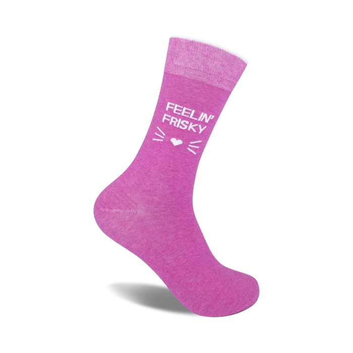 Pink crew socks with a white 'Feelin' Frisky' text and cute cat whiskers and heart design.