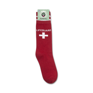 Lifeguard socks displayed on their packaging.