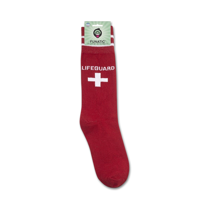 Lifeguard socks displayed on their packaging.